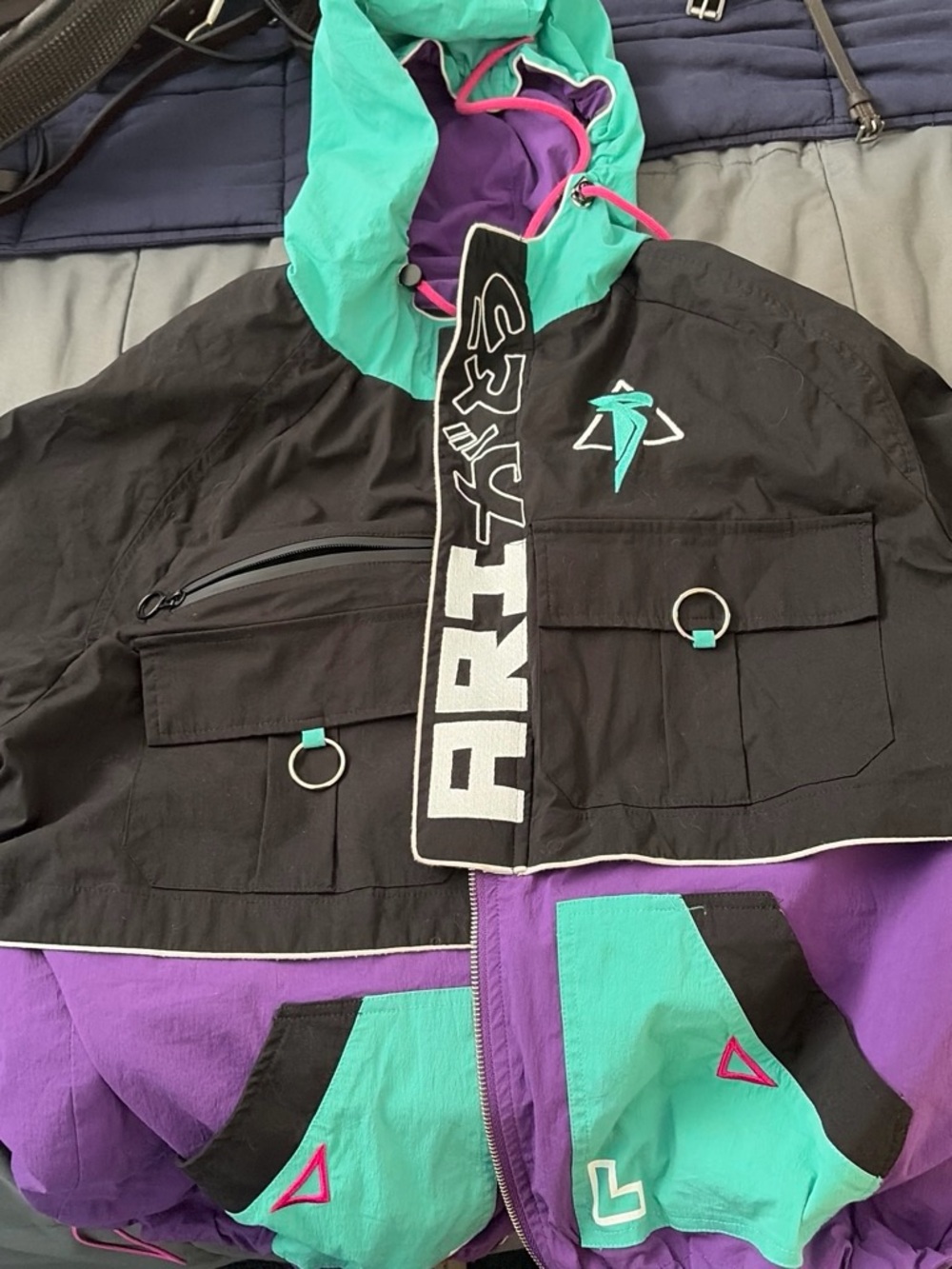 Retro Colorblock Windbreaker Jacket in Black, Teal & Purple, Adult Small